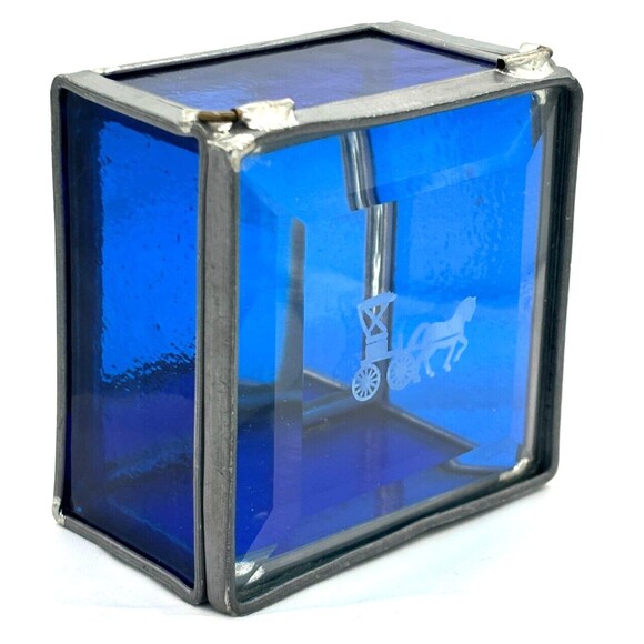 Stained Glass Trinket Box Cobalt Blue Mirrored Bottom Etched Stage Coach Hinged‎ - Picture 15 of 16